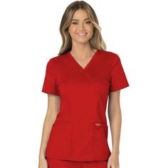 Workwear Revolution | Mock Wrap Nurse Shirt Join the Workwear Revolution with modern, soft, affordable, and oh-so-comfortable nursing scrubs. Uniform scrubs for women enter a new era of ultra-soft, reliable, durable and easy-care options with Cherokee Workwear Revolution. Soft tri-blend fabric is paired with functional utility details for an updated look and feel you'll love. The two-way stretch poly/rayon/spandex fine twill fabric blend feels soft and smooth to the touch. The breathable and eas Red Scrubs, Scrub Style, Womens Scrub Tops, Cherokee Woman, Safety Clothing, Womens Scrubs, Work Wear Women, Color Rojo, Scrub Pants