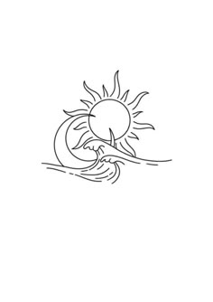 a line drawing of the sun and water on a white background, with waves coming towards it