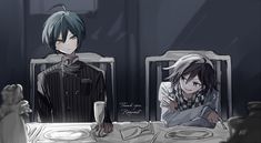 two anime characters sitting at a table with plates and drinks in front of their faces