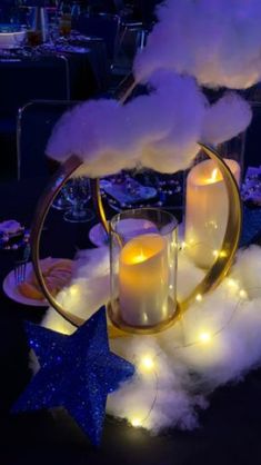 Under The Stars Prom Decoration, A Night Under The Stars Centerpieces, Start Night Centerpieces, Cloud 9 Prom Theme Ideas, Clouds Prom Theme, Sweet 16 Cloud Theme, Galaxy Theme Quinceanera, Cloud Theme Quinceanera, Cloud 9 Formal Theme