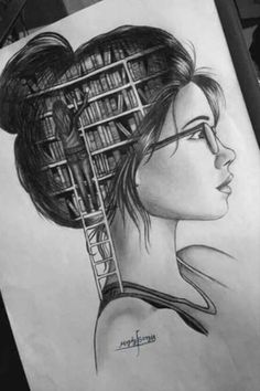 a drawing of a woman's head with bookshelves in the back and behind her