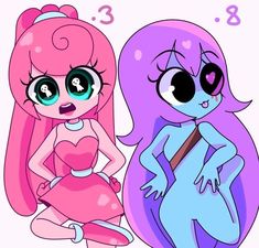 two cartoon characters one is pink and the other is blue with big eyes, standing next to each other