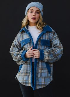 Light blue, tan and gray plaid lightweight jacket Blue fleece detail Two side pockets and two front pockets Snap closure Imported garment 100% Polyester *All sale items are FINAL SALE. SIZE CHART S: Bust: 20.5" / Length: 25.5"M: Bust: 22.5" / Length: 26.5"L: Bust: 24.5" / Length: 27.5"XL: Bust: 26.5" / Length: 28.5" White Jumpsuit Dress, Sherpa Fleece Jacket, Autumn Jacket Women, Blue Plaid Pattern, Fleece Plaid, Fleece Jacket Womens, Stylish Jackets, Gray Plaid, Plaid Jacket