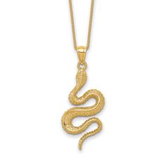 A mesmerizing snake hangs on by his teeth in this refined women's charm necklace. Fashioned in 14K yellow gold, the 18-inch box chain secures in place with a spring ring clasp. Gold Snake-shaped 14k Gold Necklace, Gold Snake Shape 14k Gold Necklace, Gold Plated Snake Chain Necklace, Tarnish Resistant Yellow Gold Snake Chain Necklace Gift, 14k Yellow Gold Snake Chain Necklace For Gift, Yellow Gold Snake Chain Jewelry With Charms, Yellow Gold Jewelry With Charms On Snake Chain, Engraved Yellow Gold Snake Chain Necklace, Engraved Snake Chain Jewelry