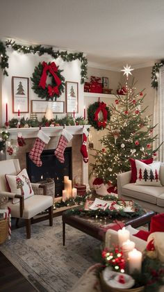 a living room decorated for christmas with red and white decor