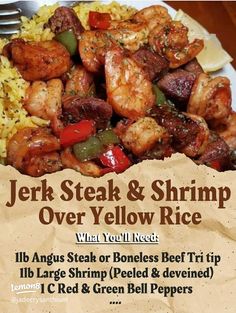 an advertisement for steak and shrimp over yellow rice on a white plate with a fork