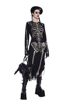 This midi dress has a stretchy knit construction, a ribbed collared neckline, skeleton bone anatomy print on the front, a distressed design, and an asymmetrical hemline. Bone Queen Costume, Skeletal Dress, Halloween Sweater Dress, Knit Skeleton, Bone Dress Skeletons, Bone Anatomy, Unique Adjustable Bone Necklace, Faux Fur Outfit, Bone Collector