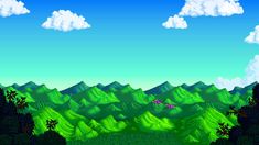 an image of a video game scene with mountains and trees in the background, as well as birds flying over them