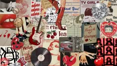 a collage of various images with red and black accents