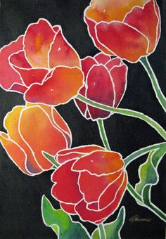 a painting of red and orange flowers on a black background