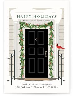 a holiday card with a black door and holly garland