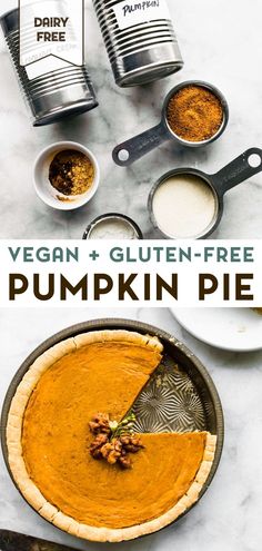 This Vegan Pumpkin Pie Recipe features a flakey, buttery, gluten-free homemade pie crust with a sweet, spiced pumpkin filling. Dairy-free and lower in sugar than your typical pie, it’s easy to make, and perfect for the holiday season! Pumpkin Pie Recipe Vegan, Vegan Gluten Free Pie Crust, Gf Pumpkin Pie, Pie Dairy Free, Vegan Pumpkin Pie Recipe, Easy Holiday Dessert, Gluten Free Pumpkin Pie, Pumpkin Pie Spice Mix, Pumpkin Filling