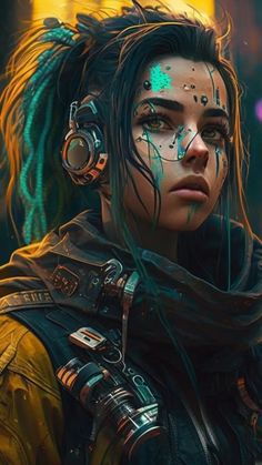 a woman with dread locks and headphones on her face, looking into the distance