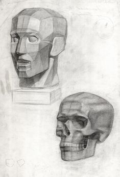 three different types of head and torsos in graphite, with one being drawn on paper