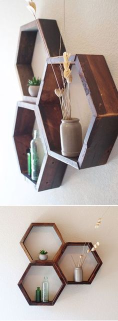 two shelves with vases and plants on them, one is made out of hexagonal