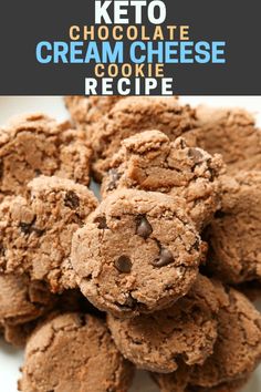 keto chocolate cream cheese cookie recipe on a white plate with the title above it