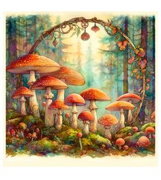 a painting of many mushrooms in the forest