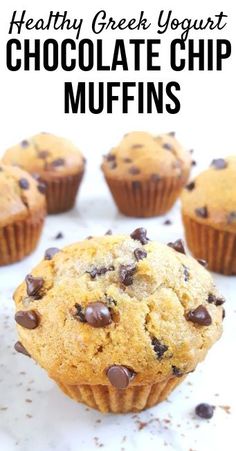 healthy greek yogurt chocolate chip muffins on a white surface with text overlay