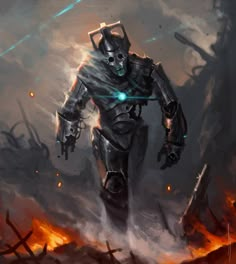 a painting of a sci - fi character walking through flames