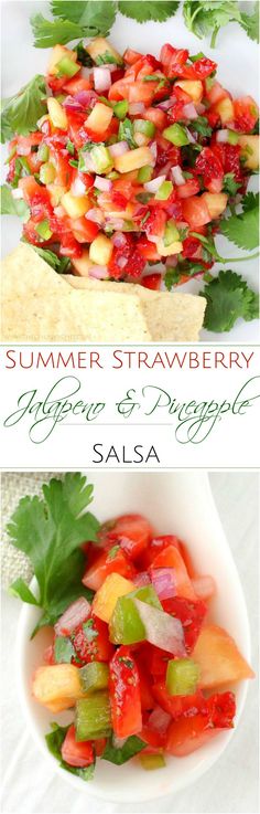 two pictures of different fruits and vegetables in bowls with the words summer strawberry, jalapeno & pineapple salsa