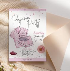 a birthday party card with an image of a pajamas shirt on it next to a doughnut