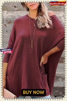 Pockets Long Sleeve Loose T Shirt Fall Crew Neck Plain Blouse, Fall Plain Crew Neck Blouse, Fall Season Plain Crew Neck Blouse, Solid Color Batwing Sleeve Tops For Fall, Fall Solid Color Batwing Sleeve Tops, Crew Neck Tops With Pockets For Loungewear, Oversized Red Solid Color Tops, Oversized Solid Red Tops, Oversized Red Top