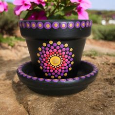 a flower pot sitting on top of a rock