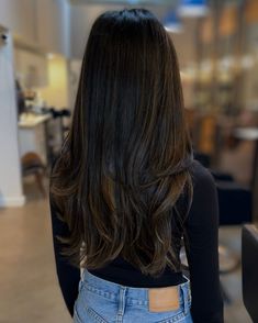 Balayage On Black Hair Brown Girl, Super Dark Hair With Dimension, Natural Dark Balayage, Black Hair With Balayage Highlights, Black Hair With Highlights Indian, Dark Balayage Straight Hair, Black Straight Hair With Highlights, Straight Black Hair With Highlights, Long Layers Dark Hair