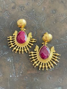 Gold Ruby Earrings, Pierced, Gold Earrings With Natural Stones For Formal Occasions, Gold Plated Earrings With Natural Stones, Gold Plated Gemstone Temple Jewelry Earrings, Gold-plated Earrings With Natural Stones, Unique Gold Gemstone Earrings, Temple Jewelry Gemstone Earrings For Party, Gold Plated Gemstone Earrings, Gold Chandelier Earrings With Natural Stones For Gift