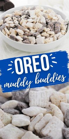 oreo muddy buddies in a bowl and on the table