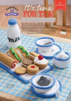 an advertisement for knitted food on a table with blue and white checkered cloth