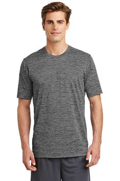 Sport-Tek ® PosiCharge ® Electric Heather Tee. ST390 - GREY-BLACK ELECTRIC - S | Sport-Tek PosiCharge Electric Heather Top in Grey-Black Size Small | Polyester Sublimation Projects, Workwear Jacket, Performance Wear, Work Wear Women, Soft Hand, Zip Sweatshirt, American Apparel, Bottoms Pants, Award Winning