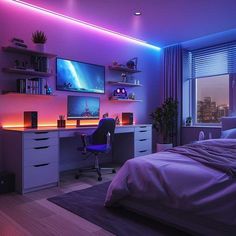 a bedroom with purple and blue lighting in the ceiling, white bedding and desk