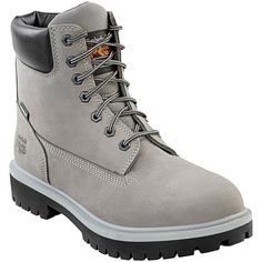 Tackle the toughest jobs with this Timberland PRO 6" direct attach men's size 15 medium width castlerock gray steel toe non-slip leather boot STMA41QN. Made with a waterproof leather upper, this boot is safe to wear in a variety of workplace environments. For maximum protection, it boasts a steel safety toe that is compliant with ASTM F2413-18 I/C standards. With safety and comfort at the forefront of its design, this boot will ensure your staff makes it through any shift!  This boot comes equip Gray High-top Boots With Reinforced Toe, Durable Timberland Work Boots Lace-up, Durable Lace-up Timberland Work Boots, Timberland Durable Lace-up Work Boots, Timberland Waterproof Steel Toe Lace-up Boots, Timberland Waterproof Lace-up Boots With Steel Toe, Gray Lace-up Boots With Reinforced Toe, Timberland Steel Toe Lace-up Work Boots, Timberland Lace-up Work Boots With Steel Toe