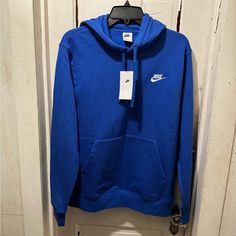 Gorgeous Royal Blue Nike Club Fleece Pullover Hoodie Blue Sports Hoodie With Kangaroo Pocket, Blue Fleece Sportswear Hoodie, Blue Fleece Hoodie Sportswear, Blue Sportswear Sweatshirt For Winter, Cute Nike Hoodies, Blue Sporty Hooded Sweatshirt, Blue Hooded Sporty Sweatshirt, Blue Sportswear Hoodie For Streetwear, Blue Sportswear Hoodie With Adjustable Hood