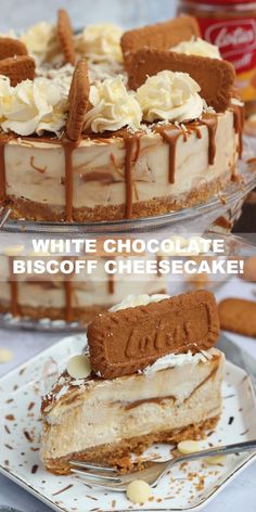 a white chocolate biscoff cheesecake on a plate with a slice missing from it