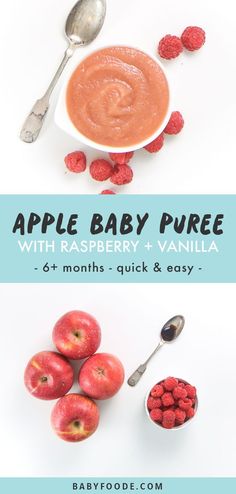 apples and raspberries with text overlay that reads apple puree with raspberry + vanilla 6 - month baby food price