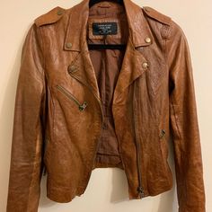 Good Condition. Mild Patina On Leather Due To Wear Zara Brown Spring Outerwear, Zara Brown Long Sleeve Leather Jacket, Casual Brown Zara Leather Jacket, Fitted Brown Zara Leather Jacket, Chic Brown Zara Leather Jacket, Zara Brown Leather Jacket, Zara Leather Jacket, Zara Jackets, Patina