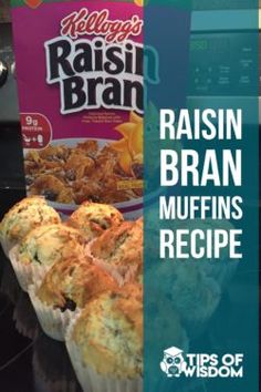 muffins with raisin bran in the background and text reading raising brain muffins recipe