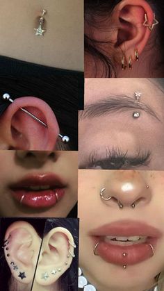 multiple pictures of different types of piercings on women's ears, nose and ear