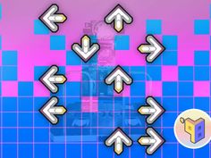 an image of some arrows going in different directions on a blue and pink tile background