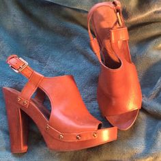 Leather And Wood Studded Heels Never Worn,Only In Store Brown Heels With Wooden Heel For Evening, Chic Leather Heels With Wooden Heel, Ralph Lauren Heels, Leather And Wood, Wood Studs, Studded Heels, Ralph Lauren Shoes, Lauren By Ralph Lauren, Lauren Ralph Lauren