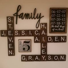 a family wall hanging on the side of a building with scrabble letters and numbers