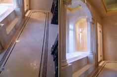 two pictures of the same bathroom in different stages of being cleaned and decorated with gold trim