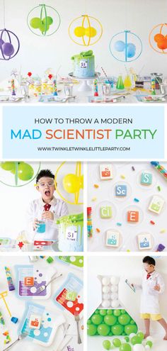 a collage of photos with the words mad scientist party on it and an image of a young boy