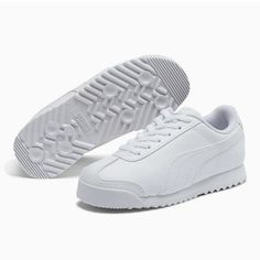 Puma Roma Basic Junior Size 5c Junior's 354259 14 Color White-Lihgt Gray White Pumas, Black White Outfit, Shoes Puma, Pumas Shoes, Shoes White, Training Shoes, White Sneaker, Kids Shoes, Baby Shoes