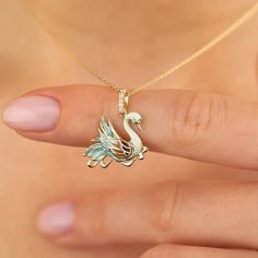 14k Solid Valentine Necklace, Gold Swan Pendant, Perfect Valentine Gift - Etsy Valentine Necklace, Swan Pendant, Gold Swan, Swan Necklace, Silver Swan, Necklace For Her, Enamel Necklaces, Valentines Necklace, Green Enamel