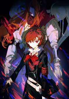 an anime character with red hair and black clothes standing in front of two other characters