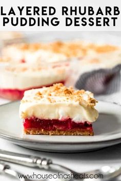 layered rhubarb pudding dessert on a plate