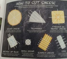 an open book with instructions on how to cut cheeses and other things in it